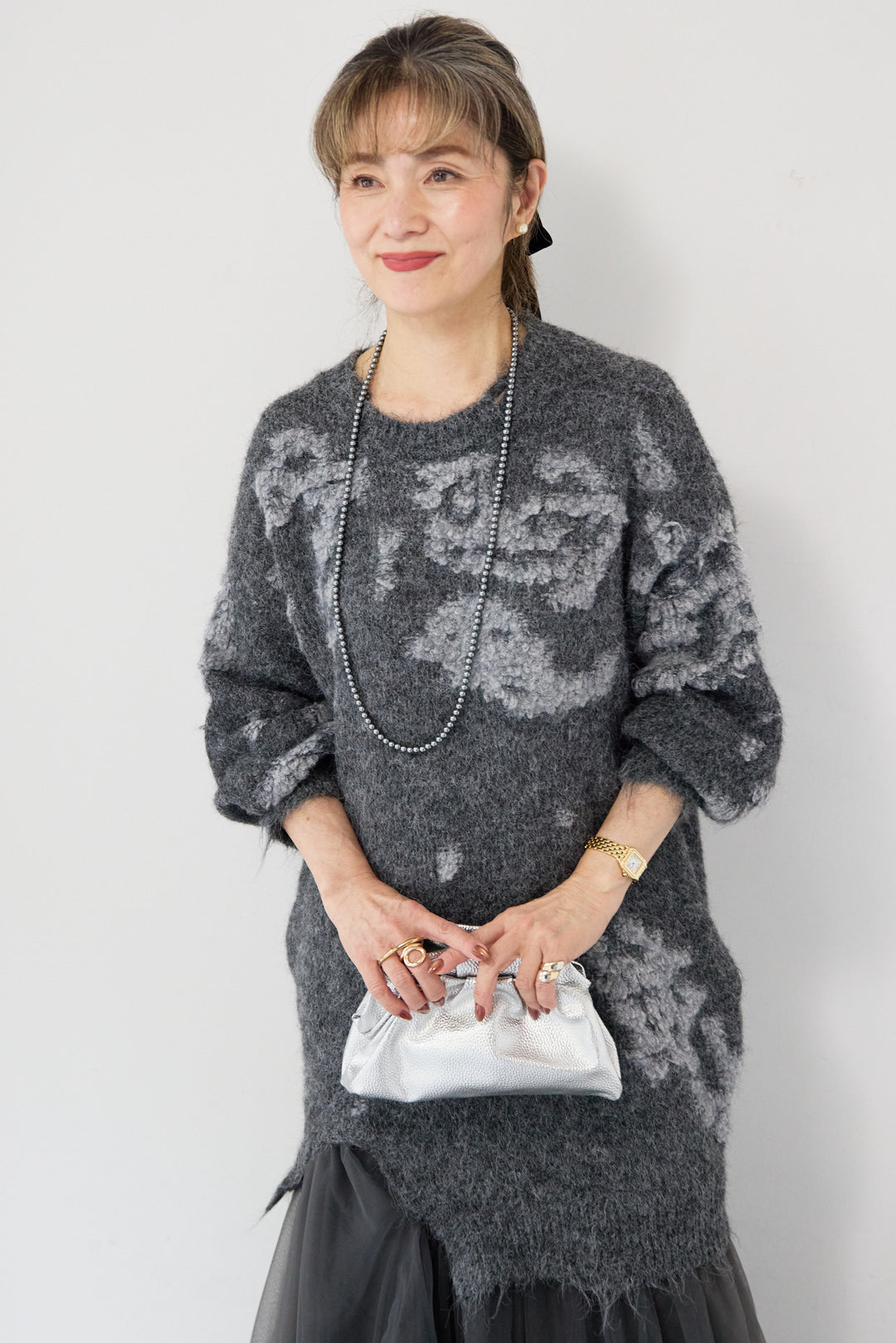 シャギーニット × チュール切替 ワンピース