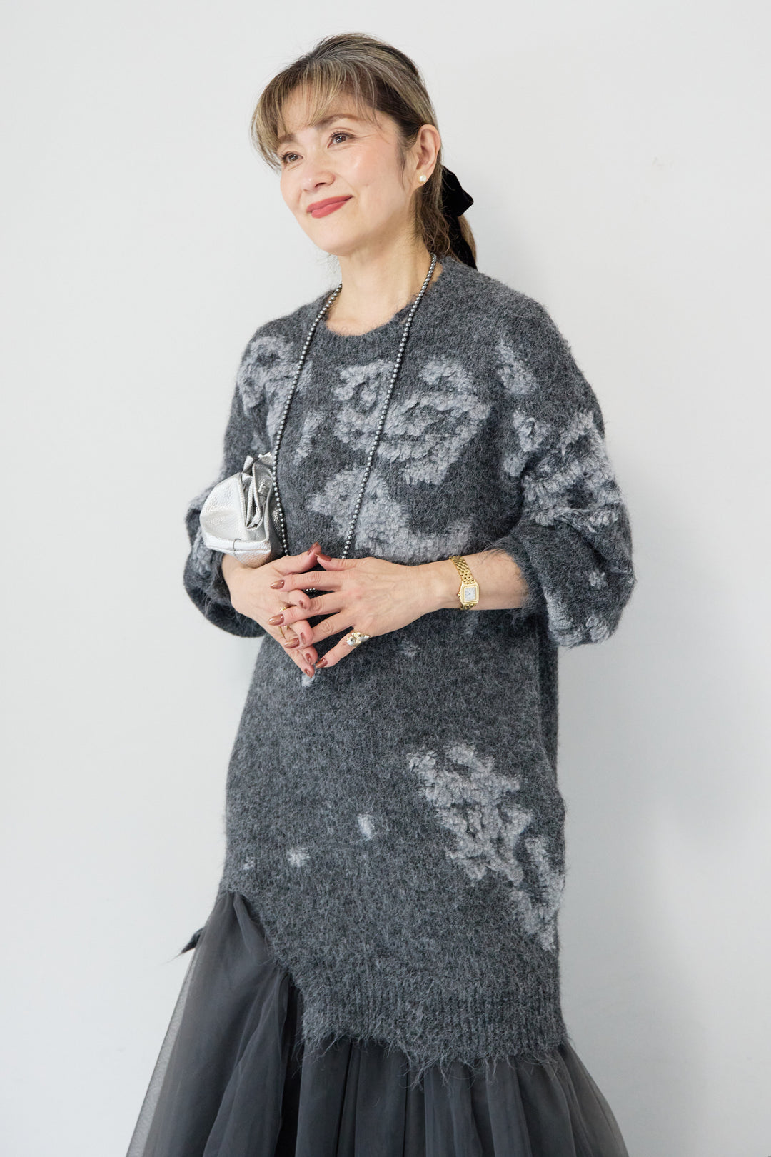 シャギーニット × チュール切替 ワンピース