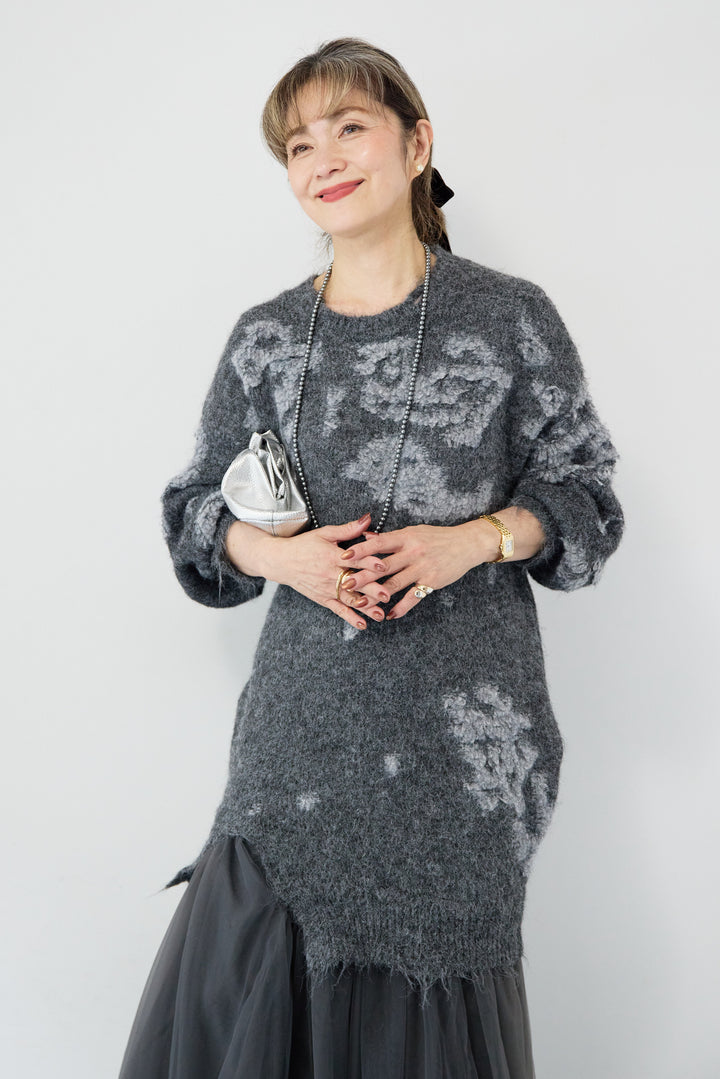 シャギーニット × チュール切替 ワンピース