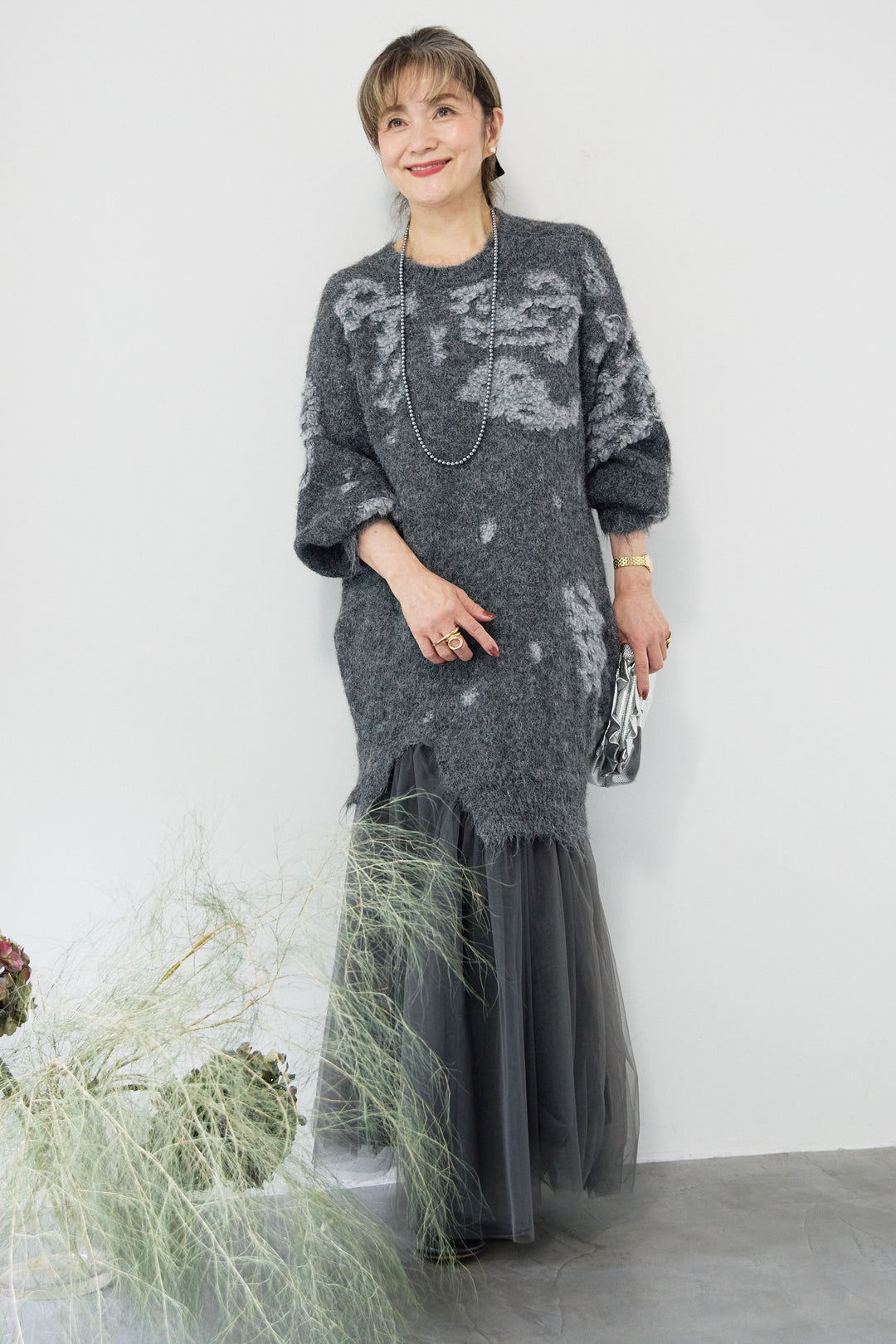 シャギーニット × チュール切替 ワンピース