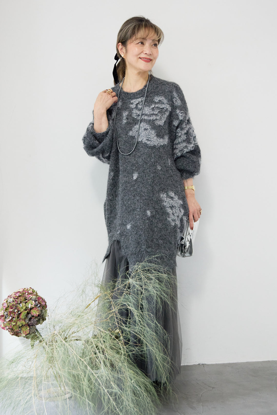 シャギーニット × チュール切替 ワンピース