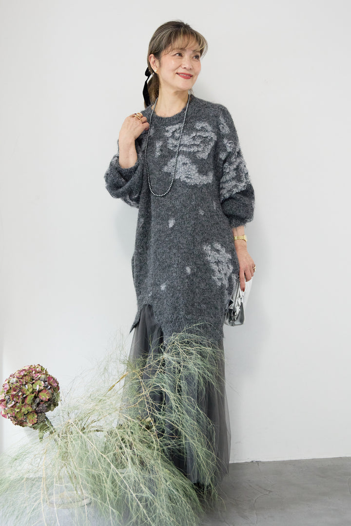 シャギーニット × チュール切替 ワンピース