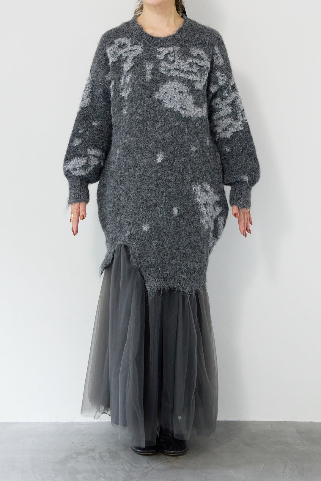 シャギーニット × チュール切替 ワンピース