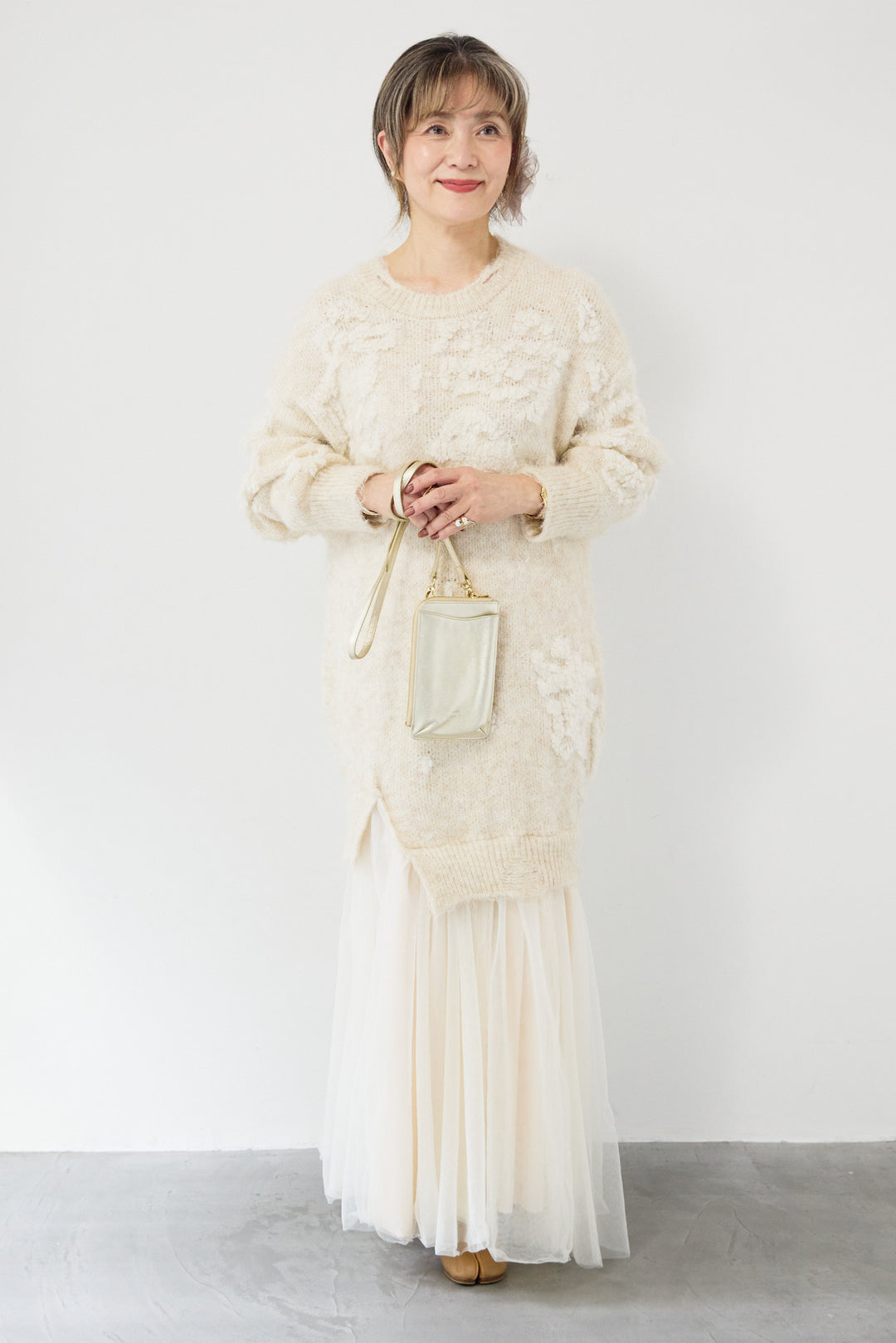 シャギーニット × チュール切替 ワンピース