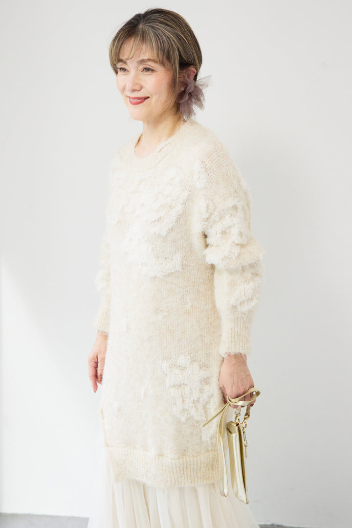 シャギーニット × チュール切替 ワンピース