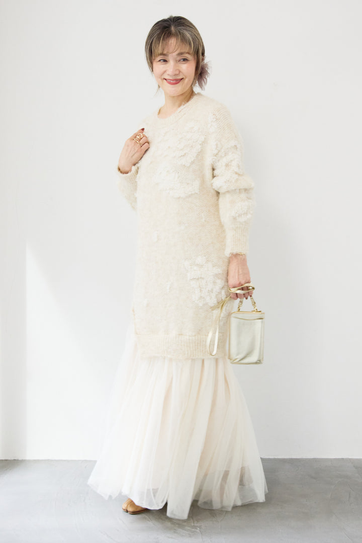 シャギーニット × チュール切替 ワンピース