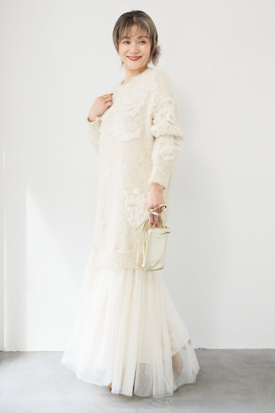 シャギーニット × チュール切替 ワンピース