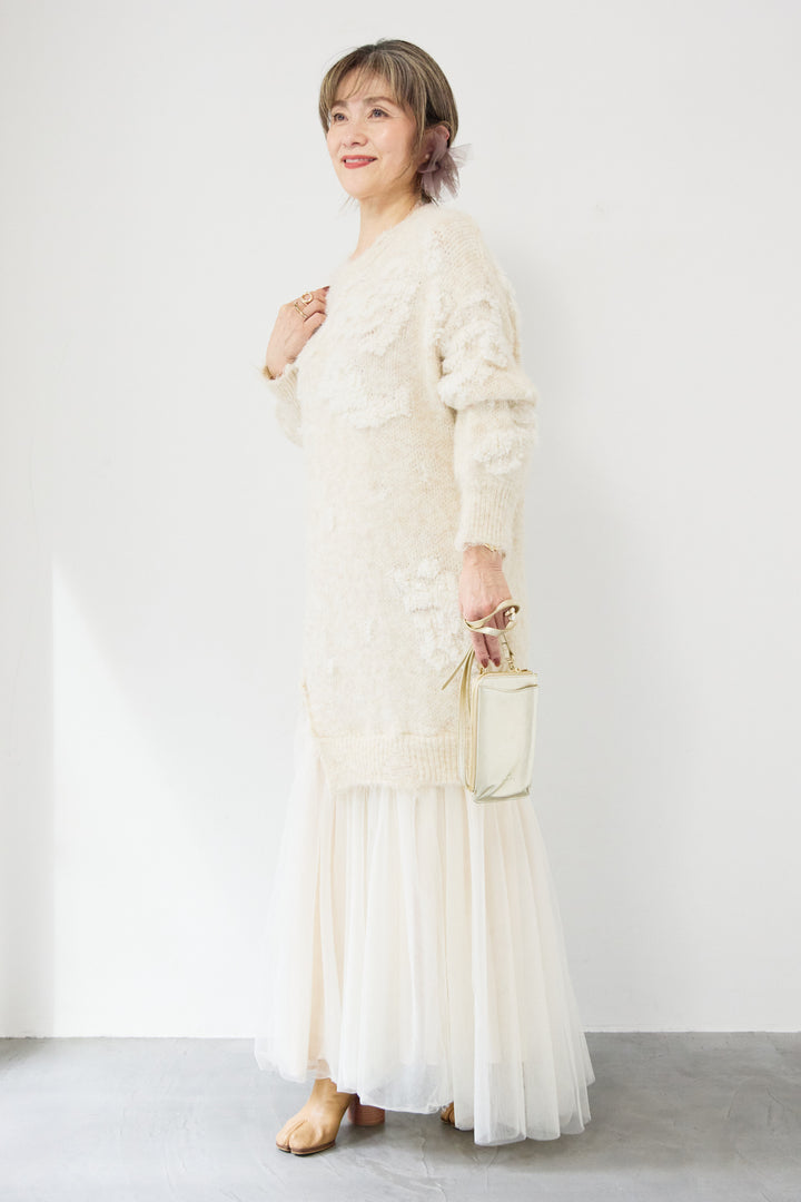 シャギーニット × チュール切替 ワンピース