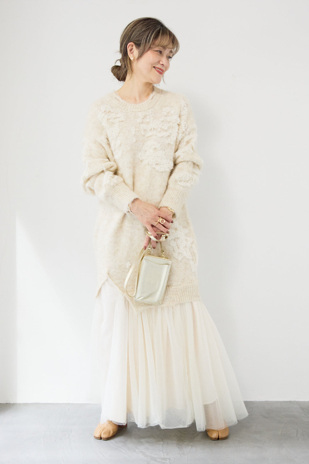 シャギーニット × チュール切替 ワンピース