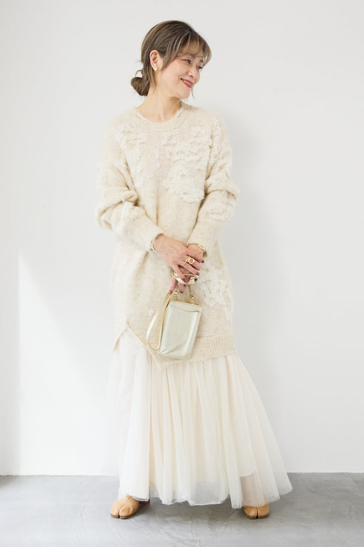 シャギーニット × チュール切替 ワンピース