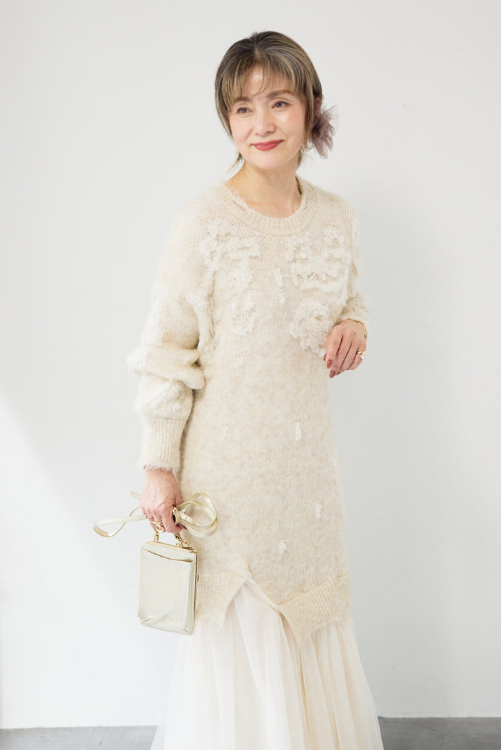 シャギーニット × チュール切替 ワンピース