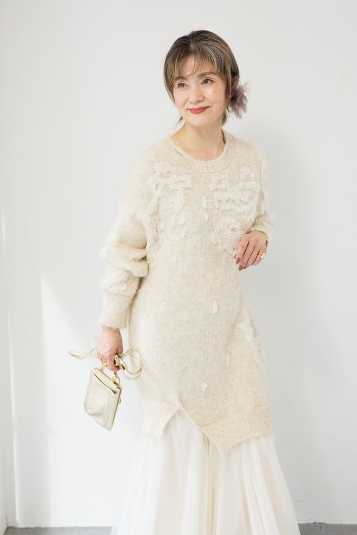 シャギーニット × チュール切替 ワンピース