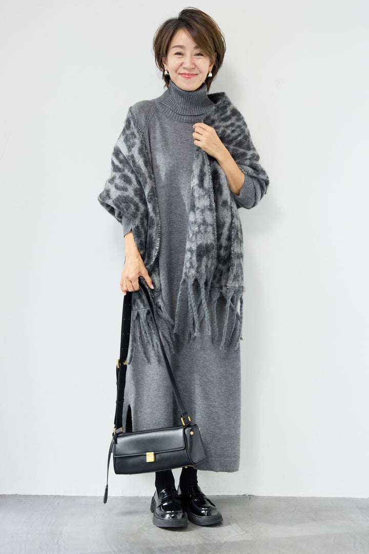 [SET]ルーズフィットタートルニットワンピース+レオパードストール(2set)