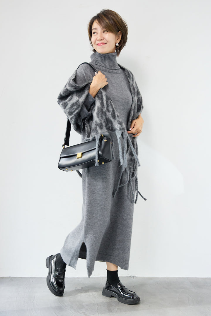 [SET]ルーズフィットタートルニットワンピース+レオパードストール(2set)