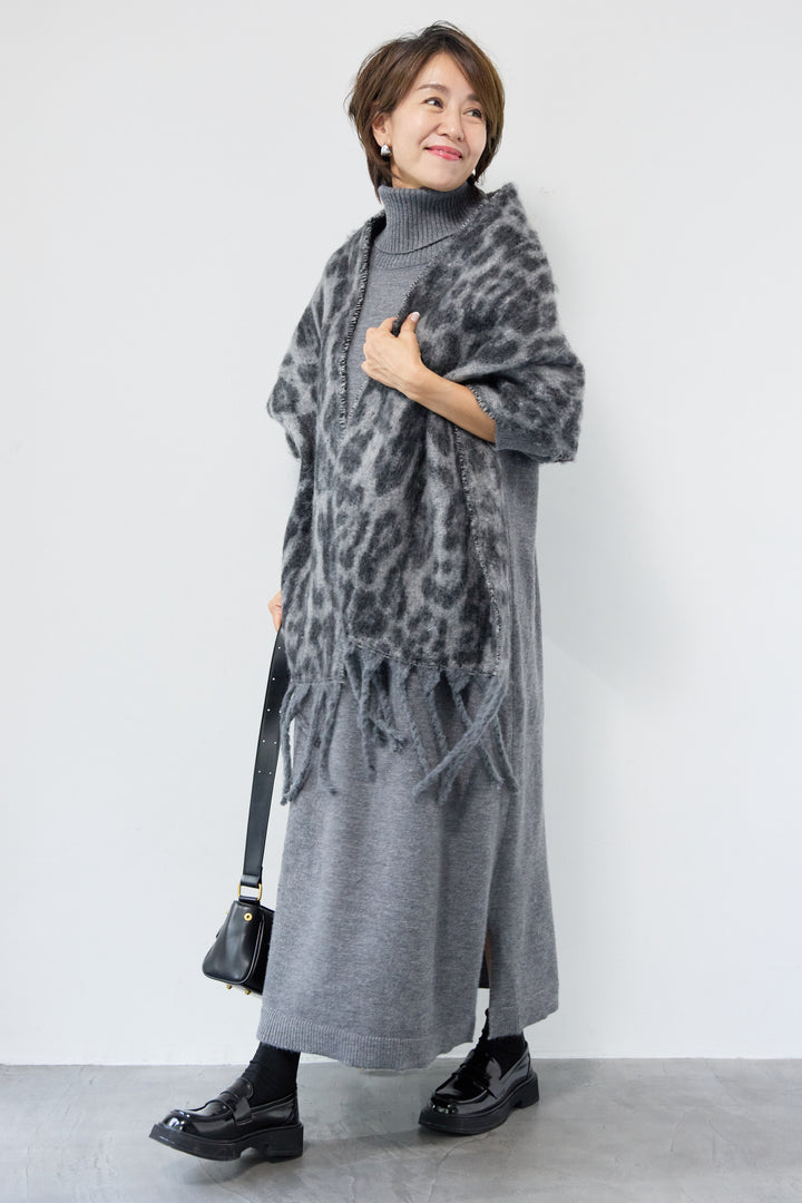 [SET]ルーズフィットタートルニットワンピース+レオパードストール(2set)