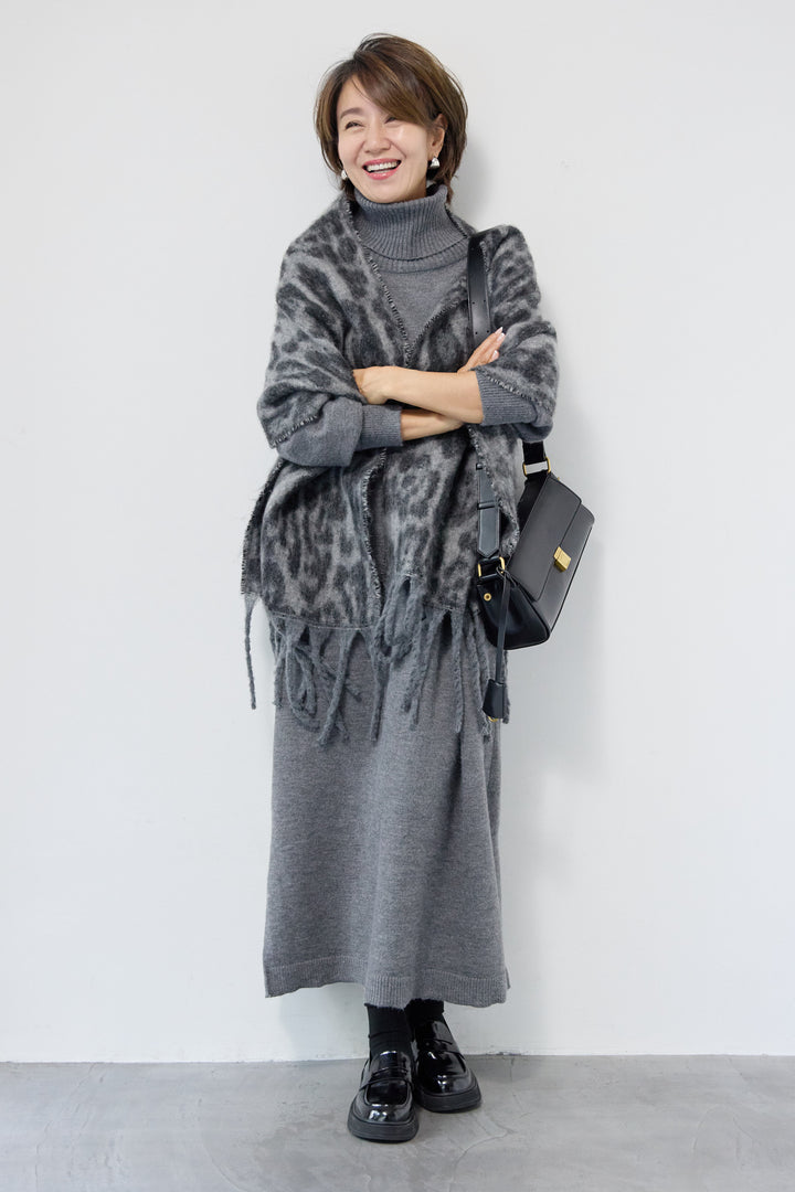 [SET]ルーズフィットタートルニットワンピース+レオパードストール(2set)