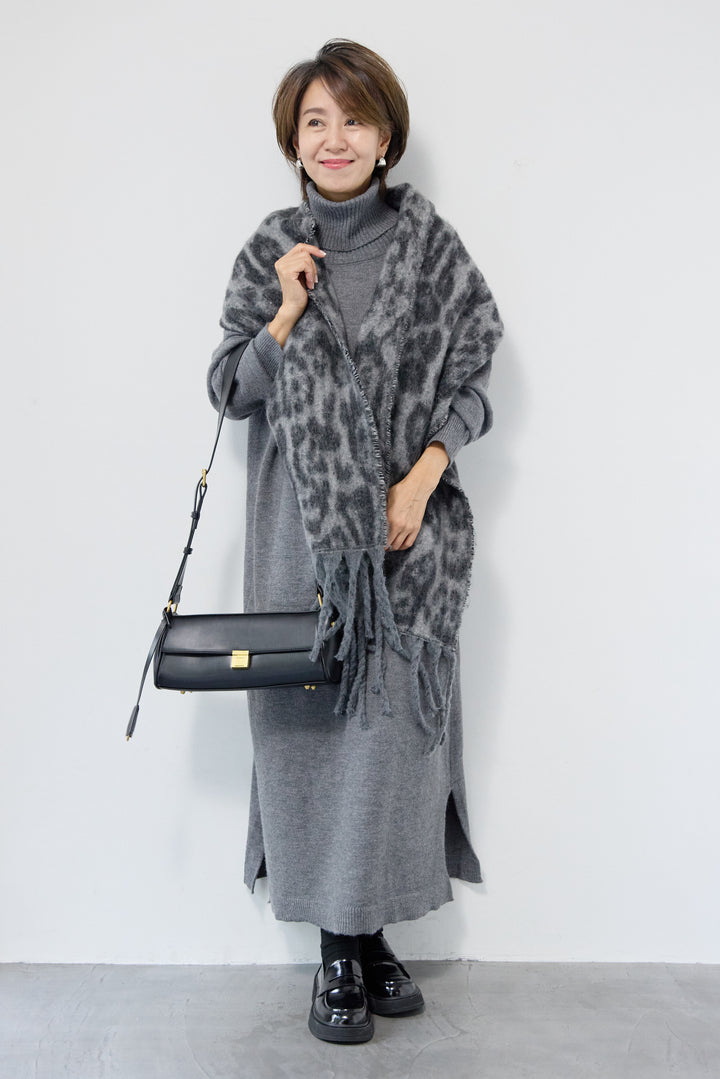 [SET]ルーズフィットタートルニットワンピース+レオパードストール(2set)