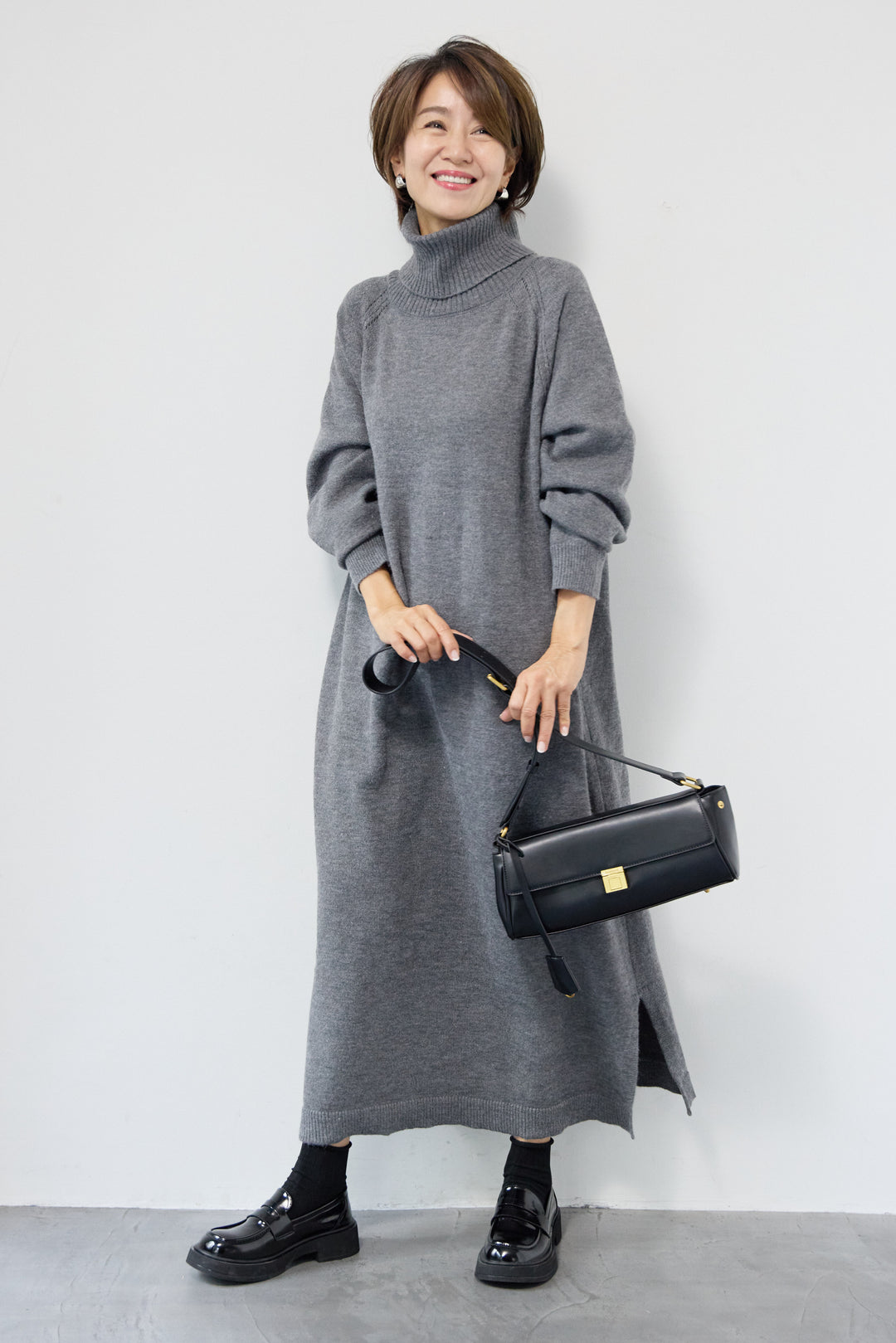 [SET]ルーズフィットタートルニットワンピース+レオパードストール(2set)