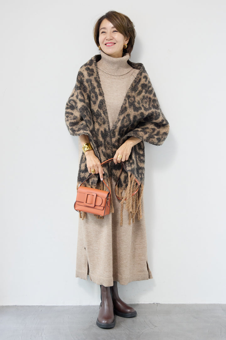 [SET]ルーズフィットタートルニットワンピース+レオパードストール(2set)