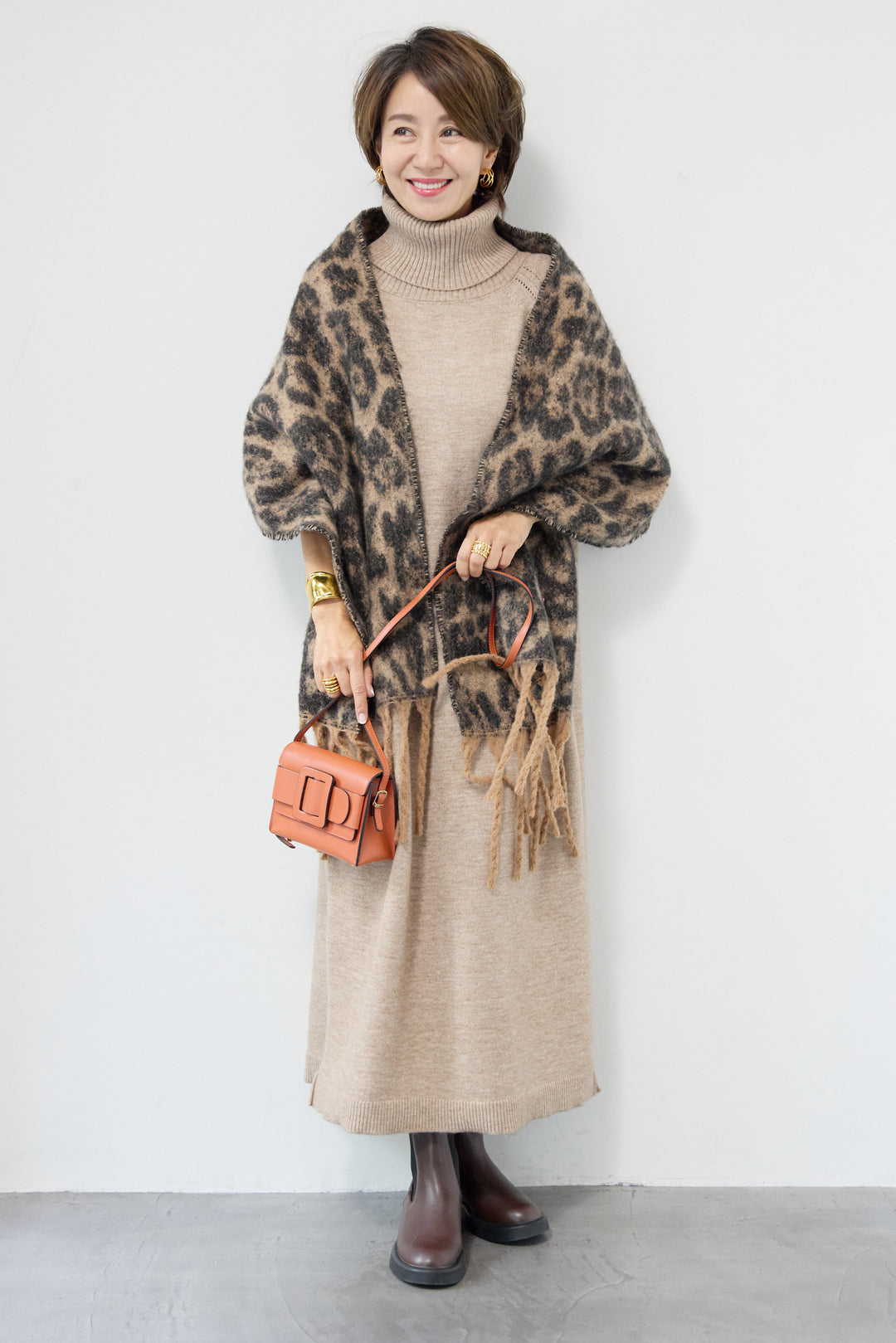 [SET]ルーズフィットタートルニットワンピース+レオパードストール(2set)