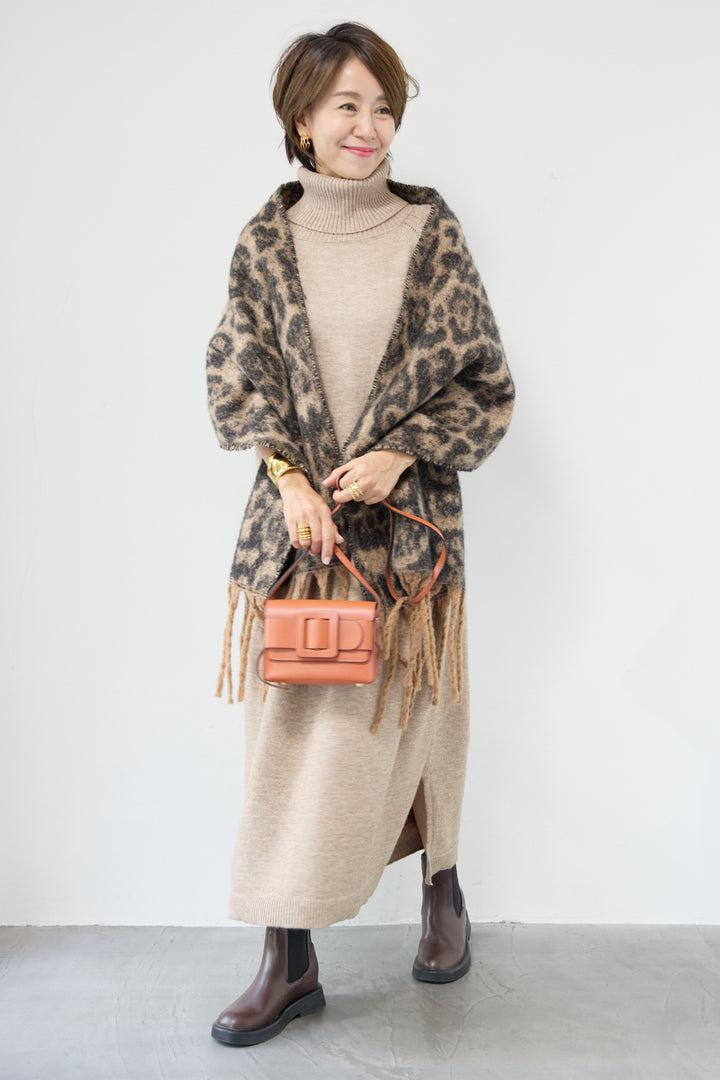 [SET]ルーズフィットタートルニットワンピース+レオパードストール(2set)
