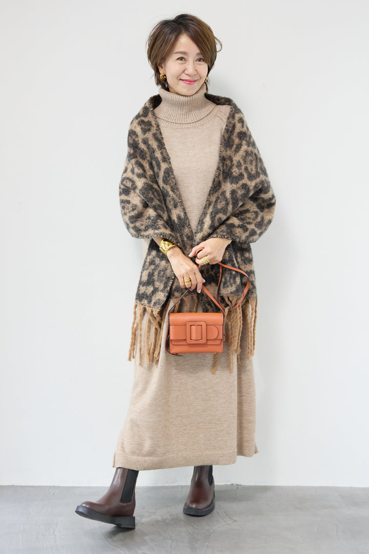 [SET]ルーズフィットタートルニットワンピース+レオパードストール(2set)