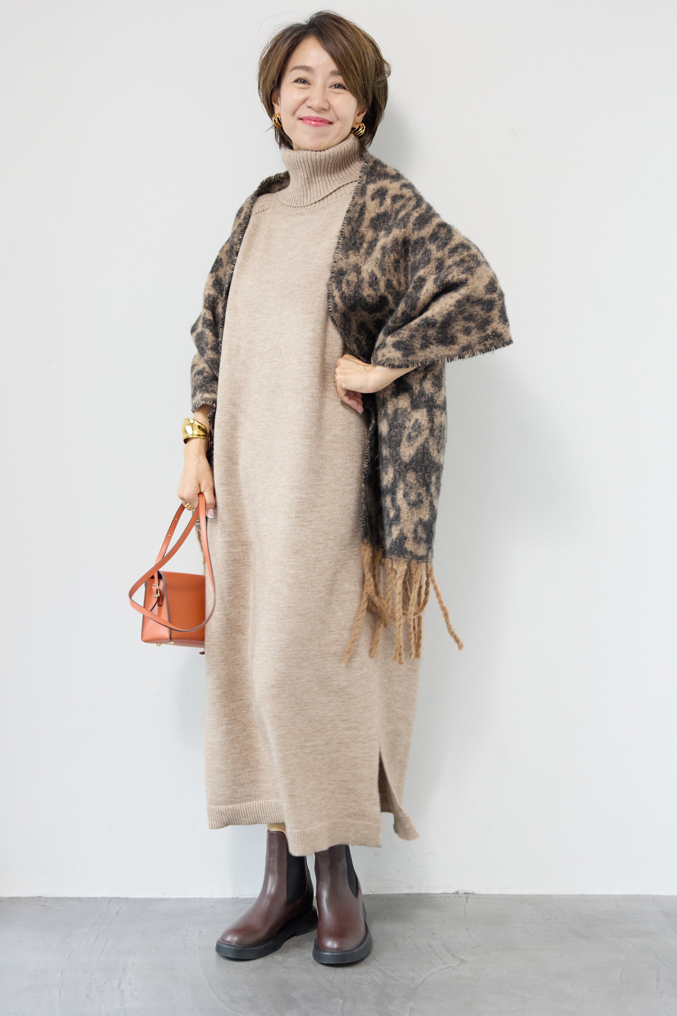 SET]ルーズフィットタートルニットワンピース+レオパードストール(2set
