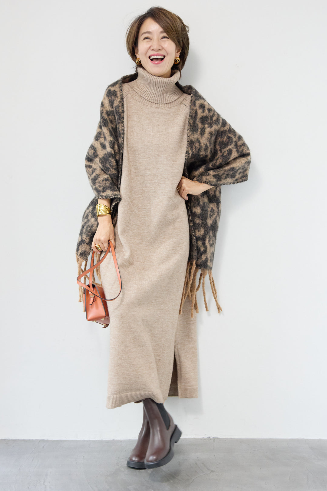 [SET]ルーズフィットタートルニットワンピース+レオパードストール(2set)