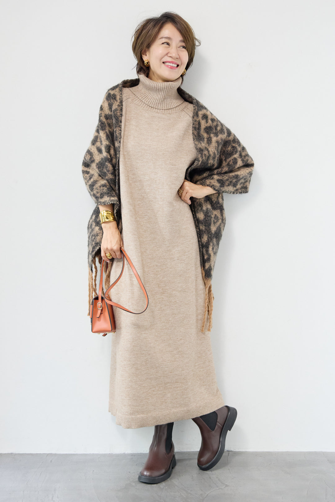 [SET]ルーズフィットタートルニットワンピース+レオパードストール(2set)