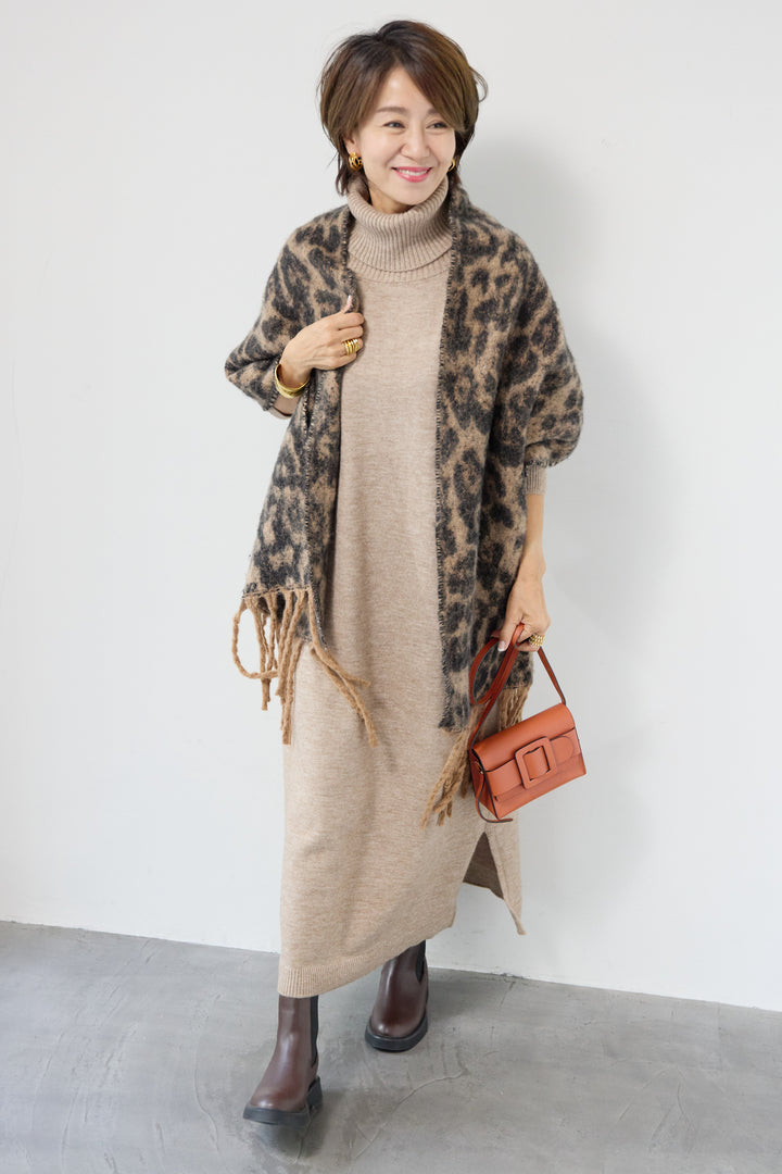 [SET]ルーズフィットタートルニットワンピース+レオパードストール(2set)