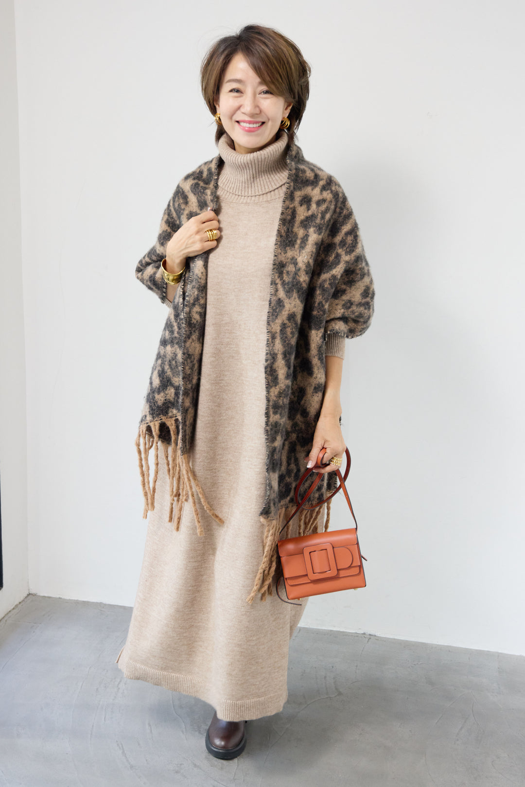 [SET]ルーズフィットタートルニットワンピース+レオパードストール(2set)