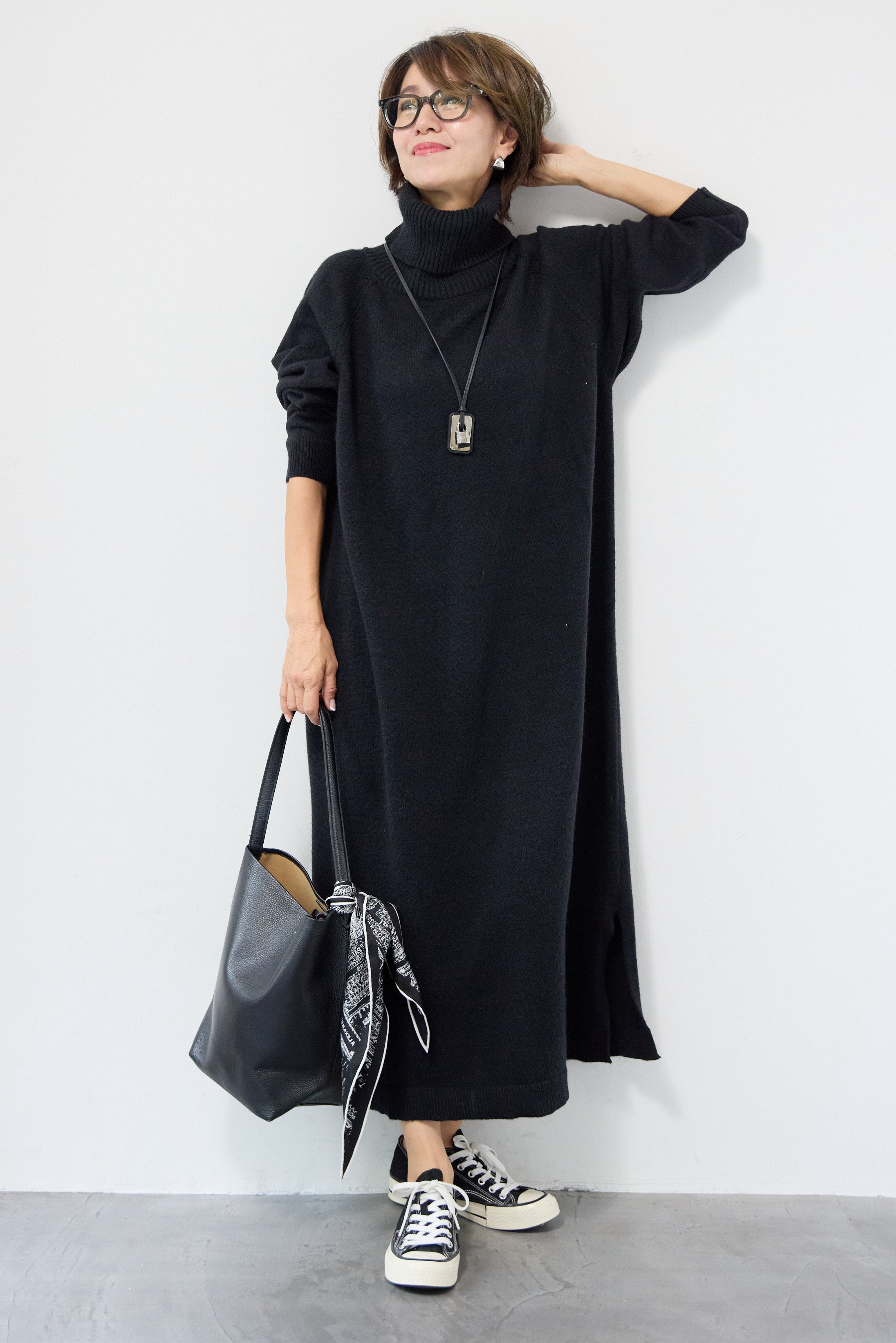 SET]ルーズフィットタートルニットワンピース+レオパードストール(2set