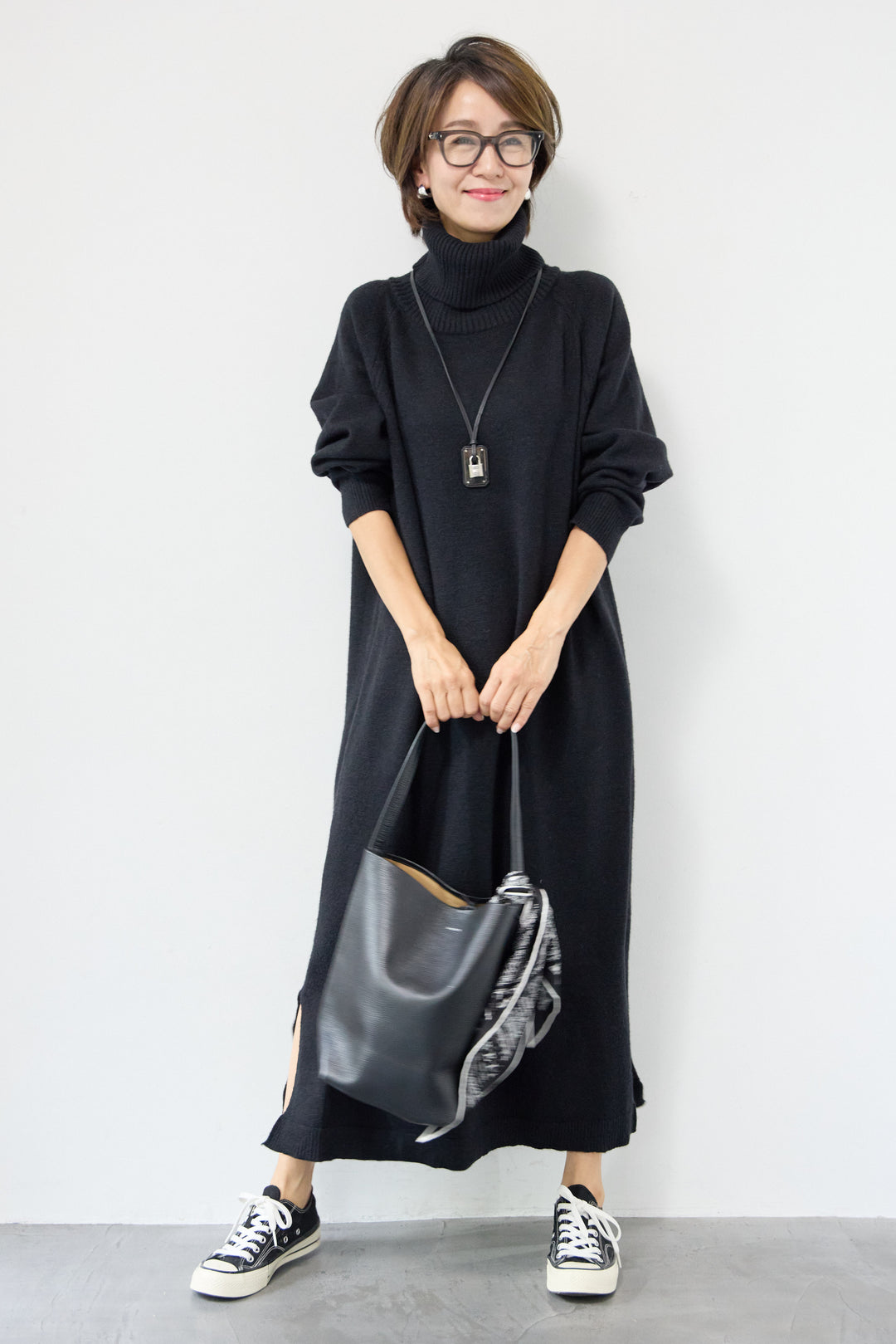 [SET]ルーズフィットタートルニットワンピース+レオパードストール(2set)