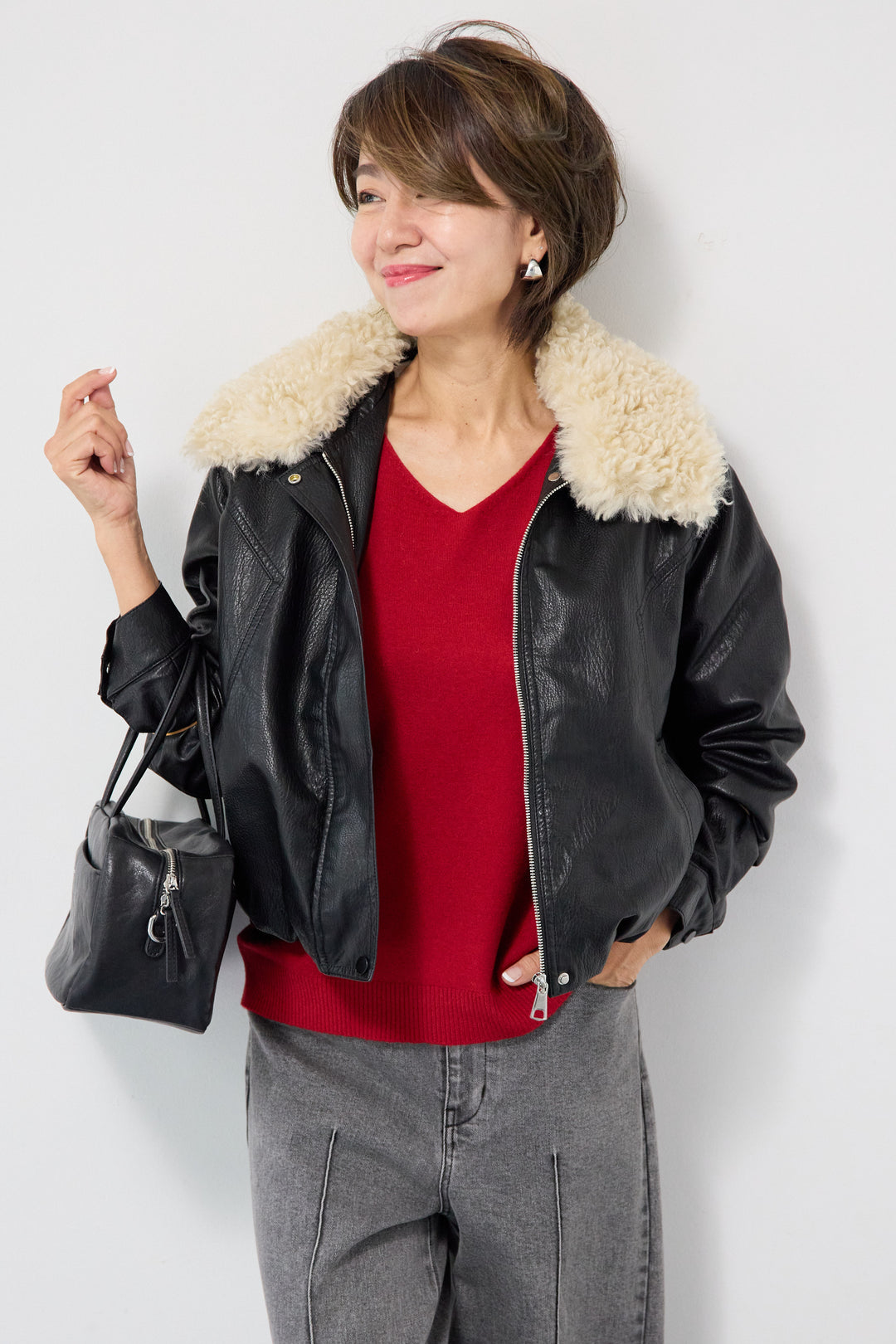 フェイクムートンカラーレザーブルゾン