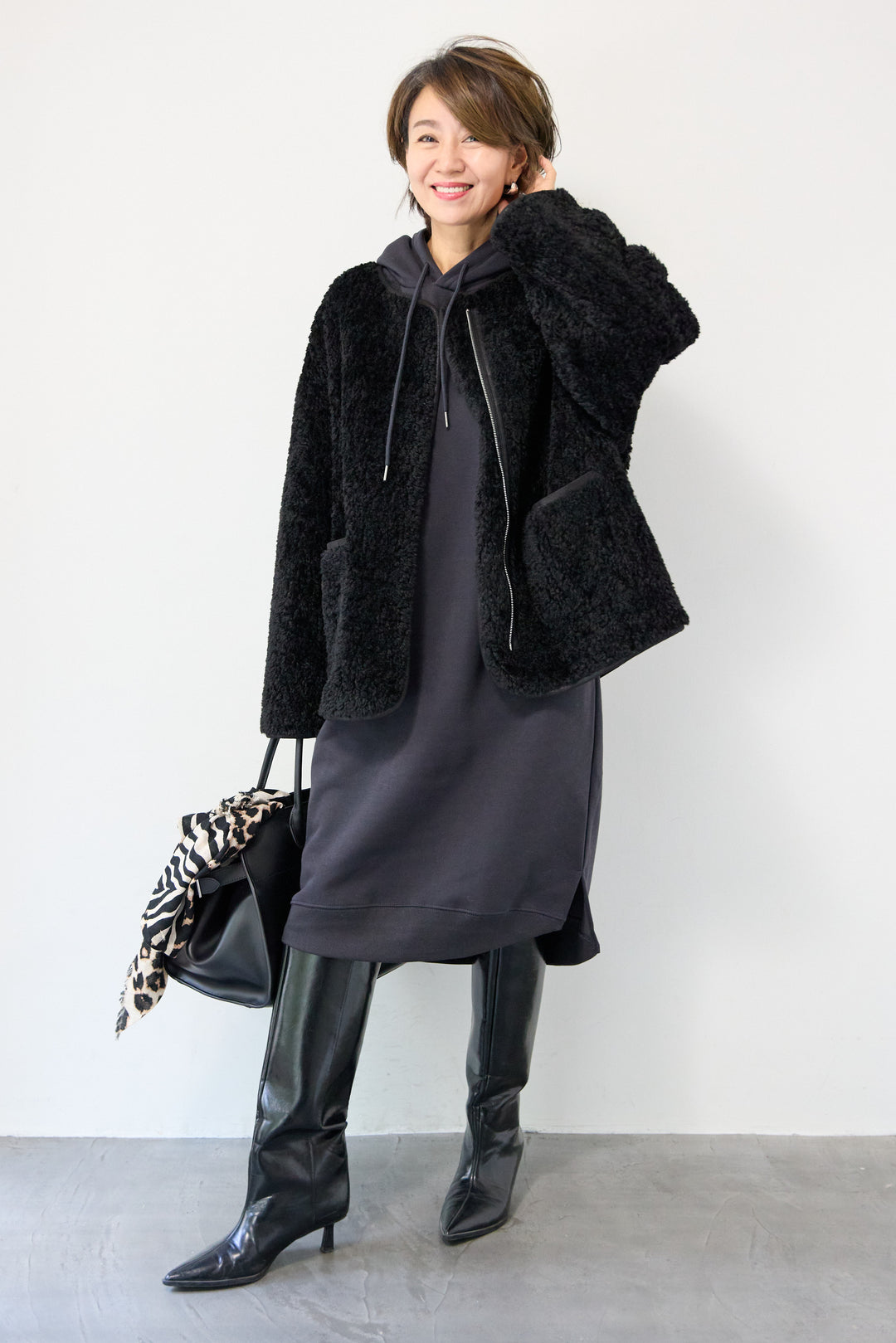 [SET]裏起毛サイドスリットスウェットワンピース+リバーシブルボアコート(2set)