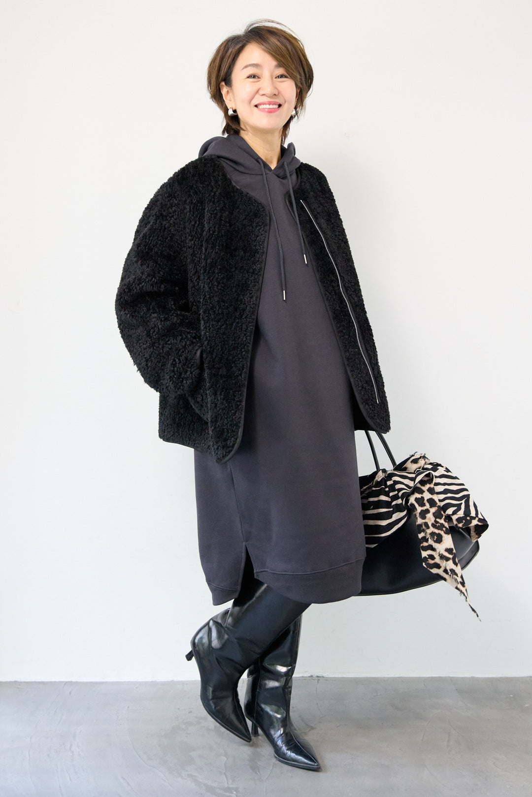 [SET]裏起毛サイドスリットスウェットワンピース+リバーシブルボアコート(2set)