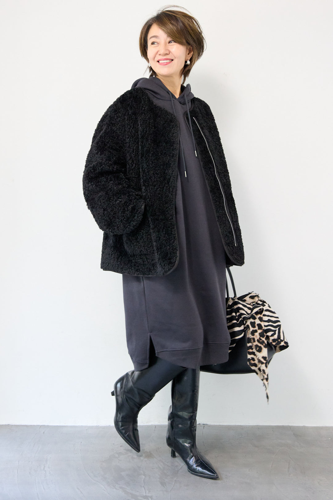 [SET]裏起毛サイドスリットスウェットワンピース+リバーシブルボアコート(2set)