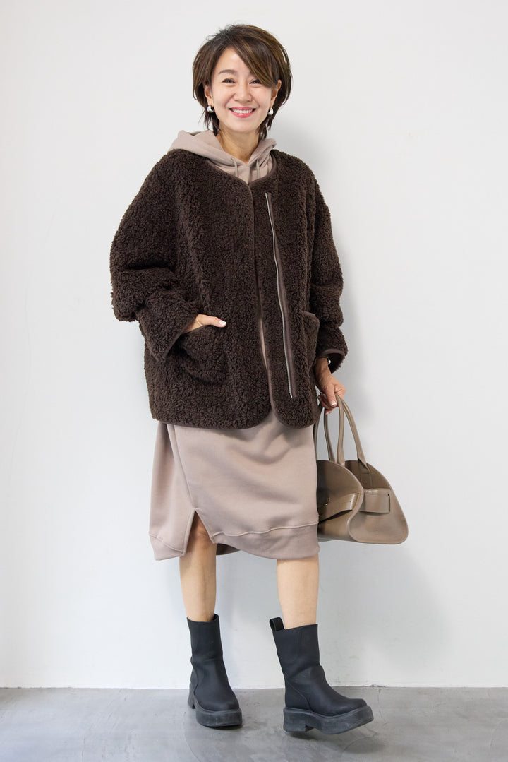 [SET]裏起毛サイドスリットスウェットワンピース+リバーシブルボアコート(2set)