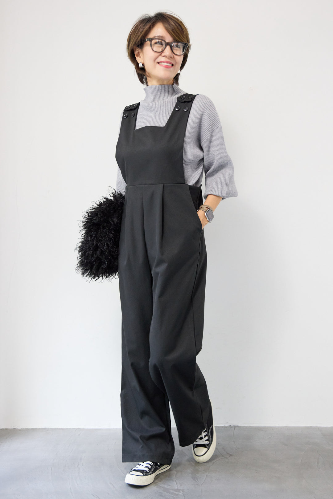 ハイウエストモードツイルサロペット