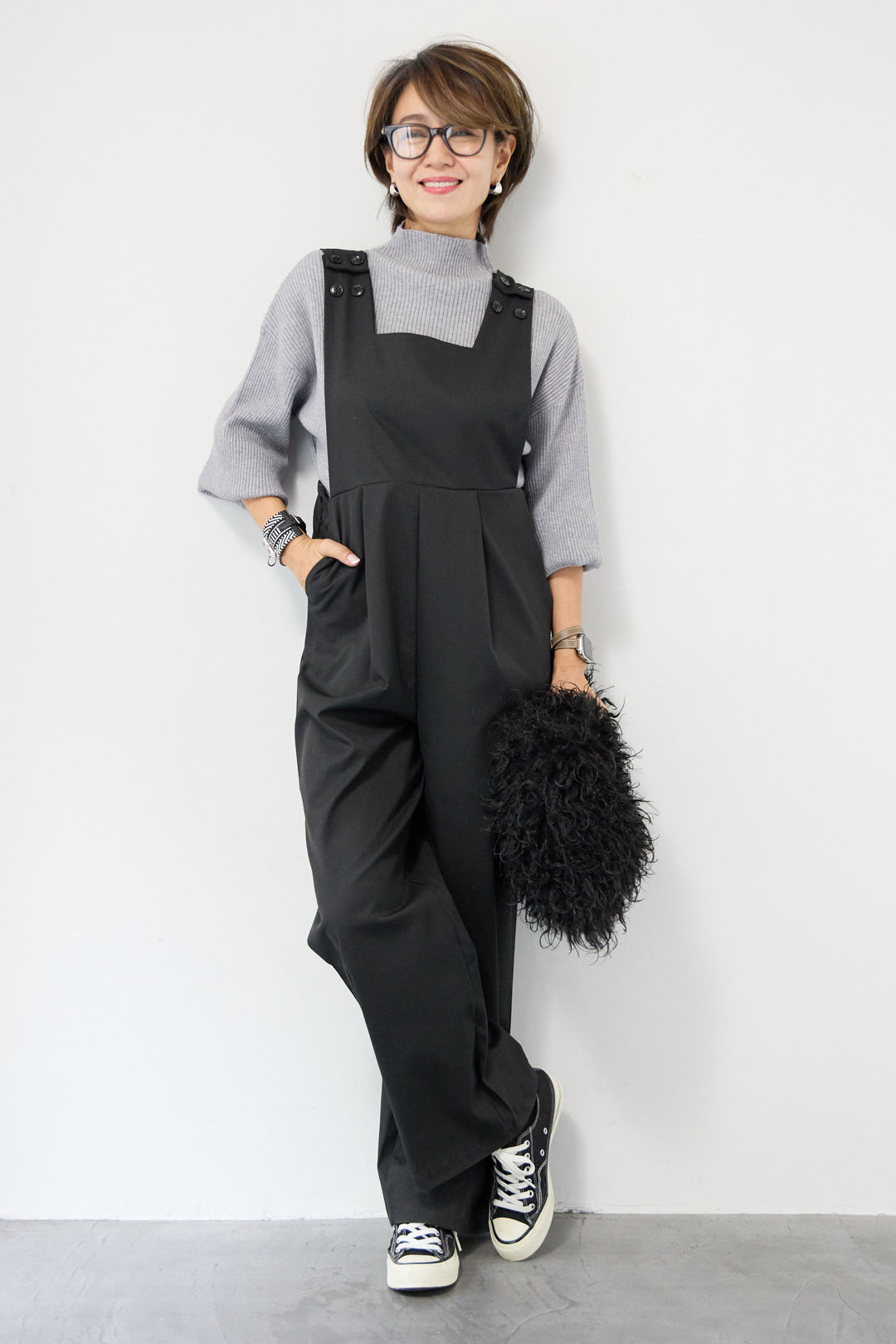 ハイウエストモードツイルサロペット