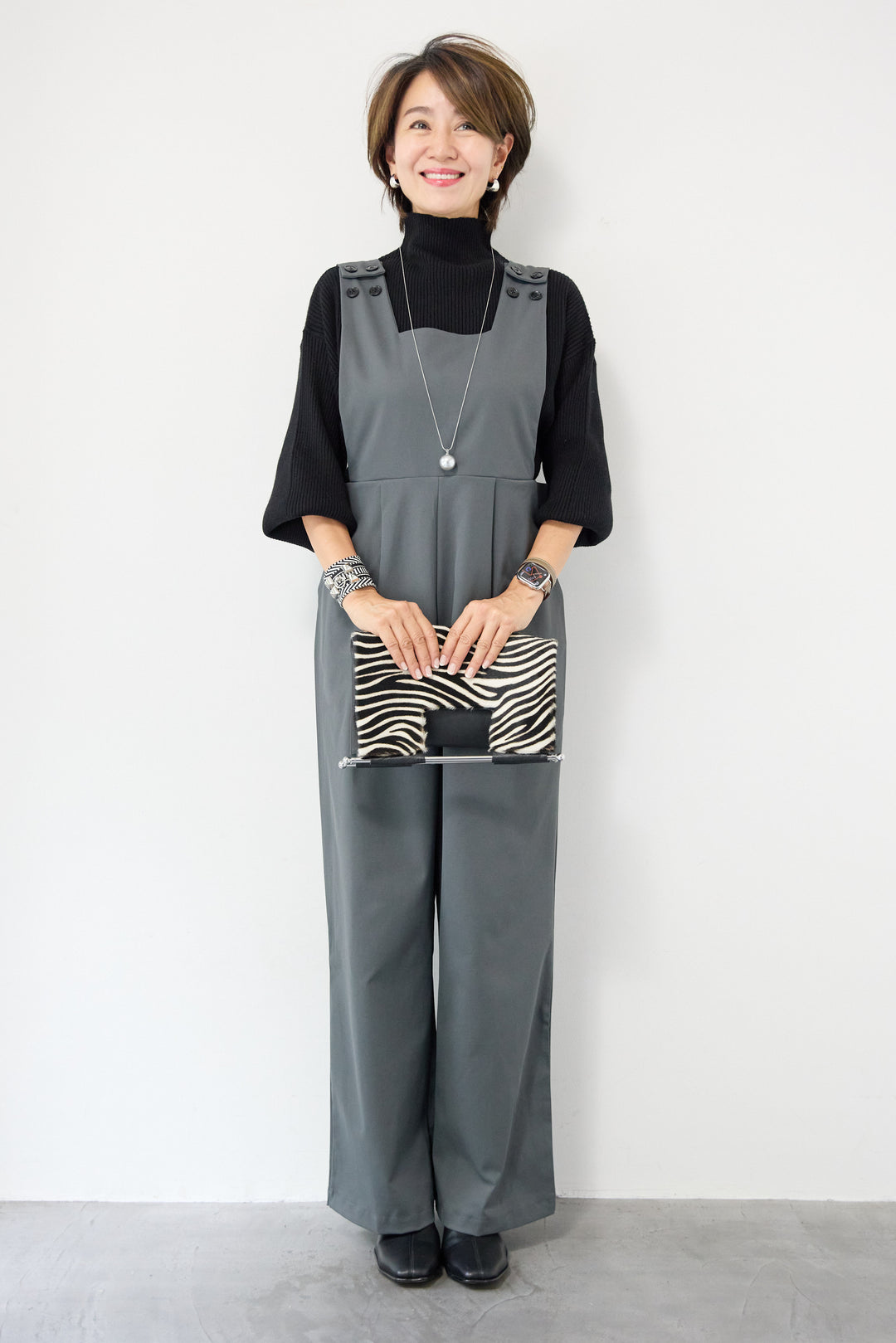 ハイウエストモードツイルサロペット