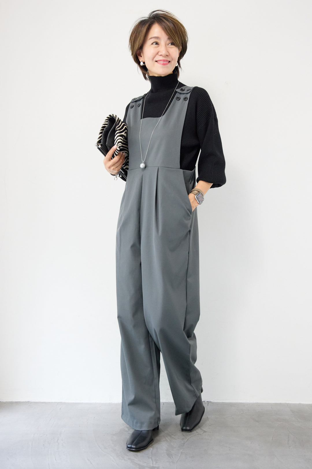 ハイウエストモードツイルサロペット