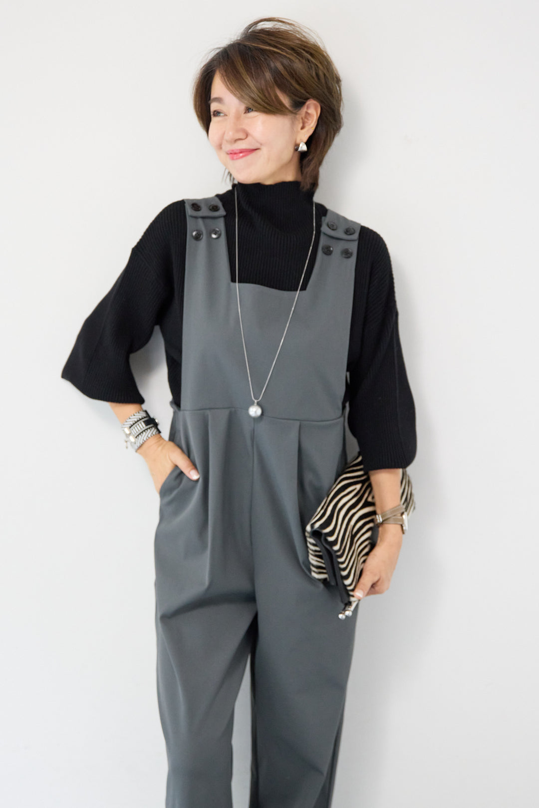 ハイウエストモードツイルサロペット