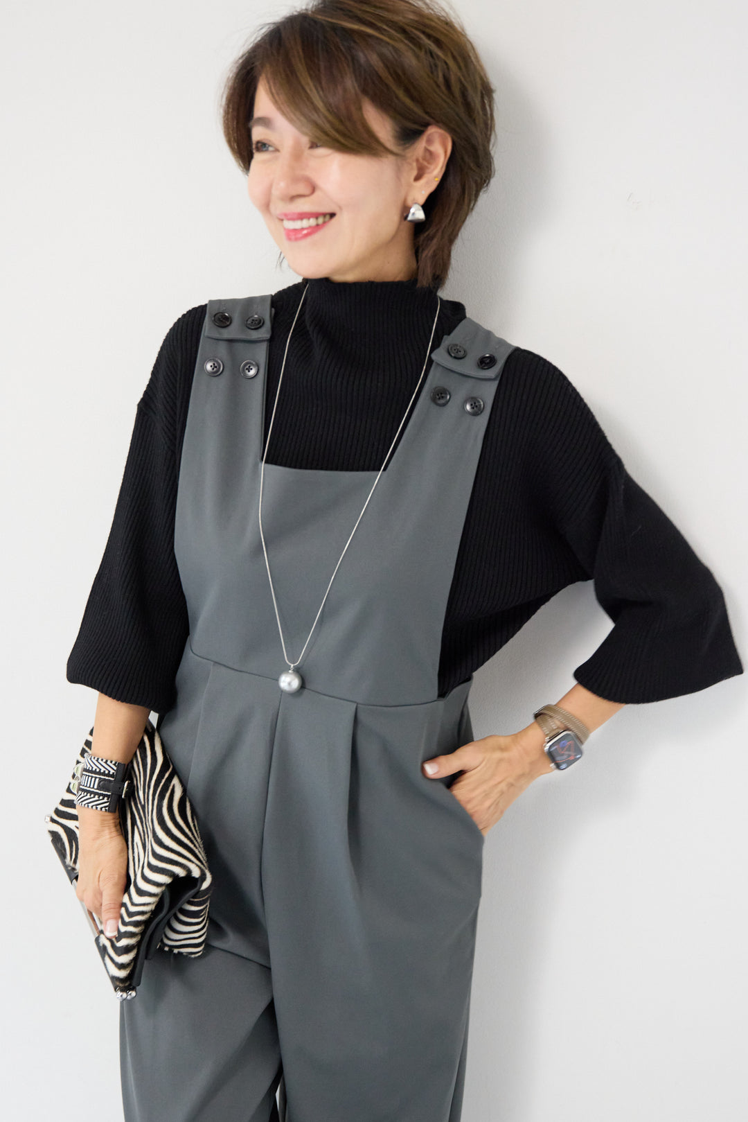 ハイウエストモードツイルサロペット