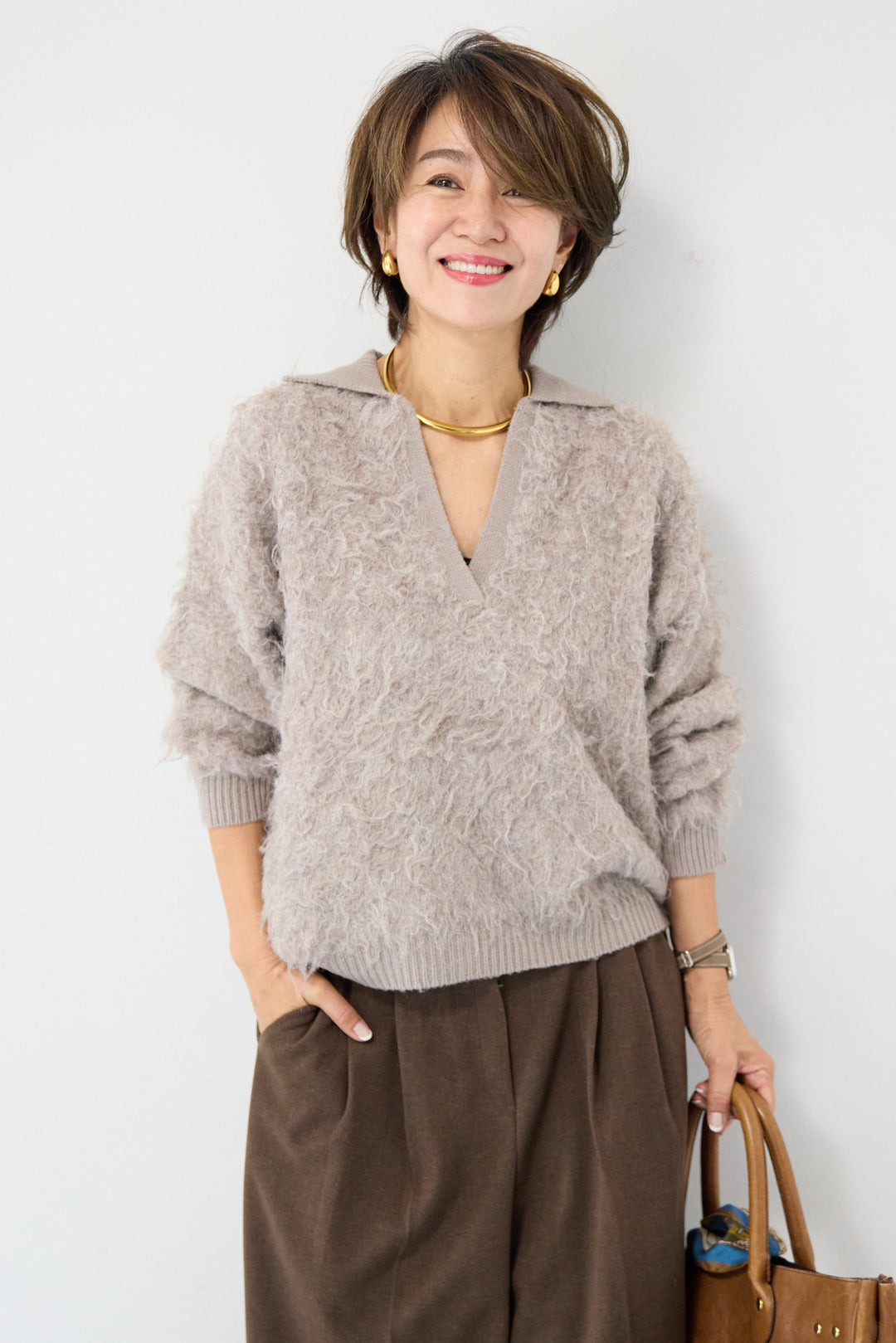 起毛シャギーポロニット