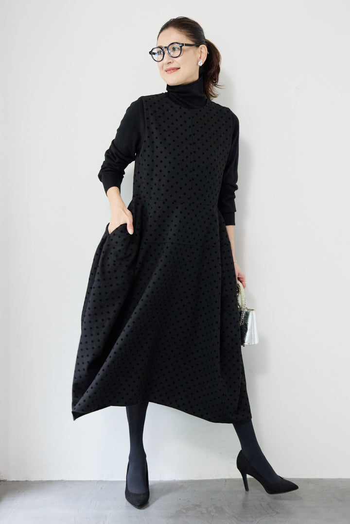 [SET]カシミヤ混 ハイネックニット+フロッキードット フレアジャンパースカート(2set)