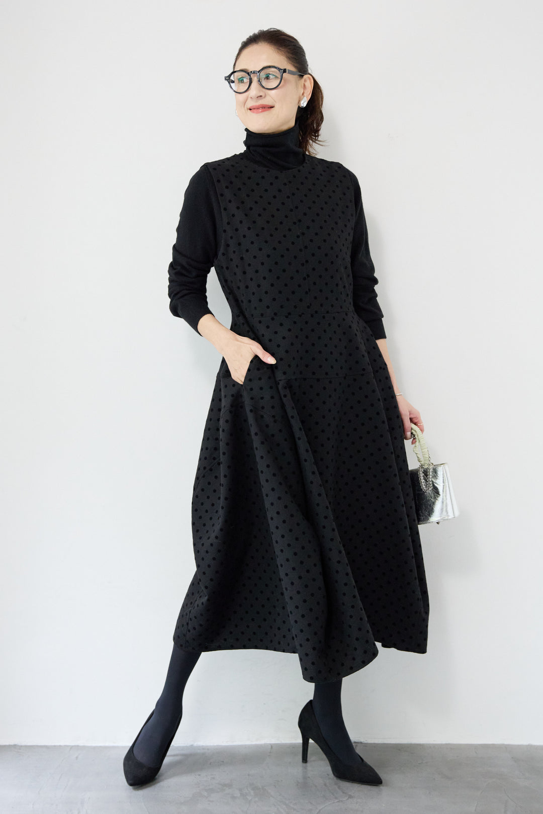 [SET]カシミヤ混 ハイネックニット+フロッキードット フレアジャンパースカート(2set)