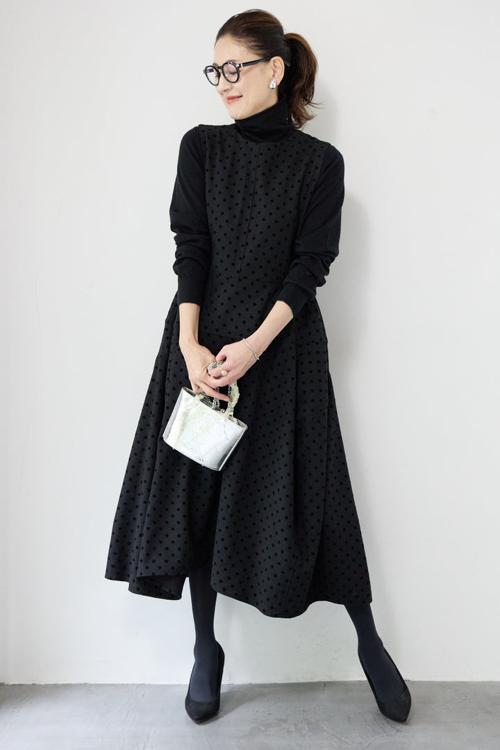 [SET]カシミヤ混 ハイネックニット+フロッキードット フレアジャンパースカート(2set)