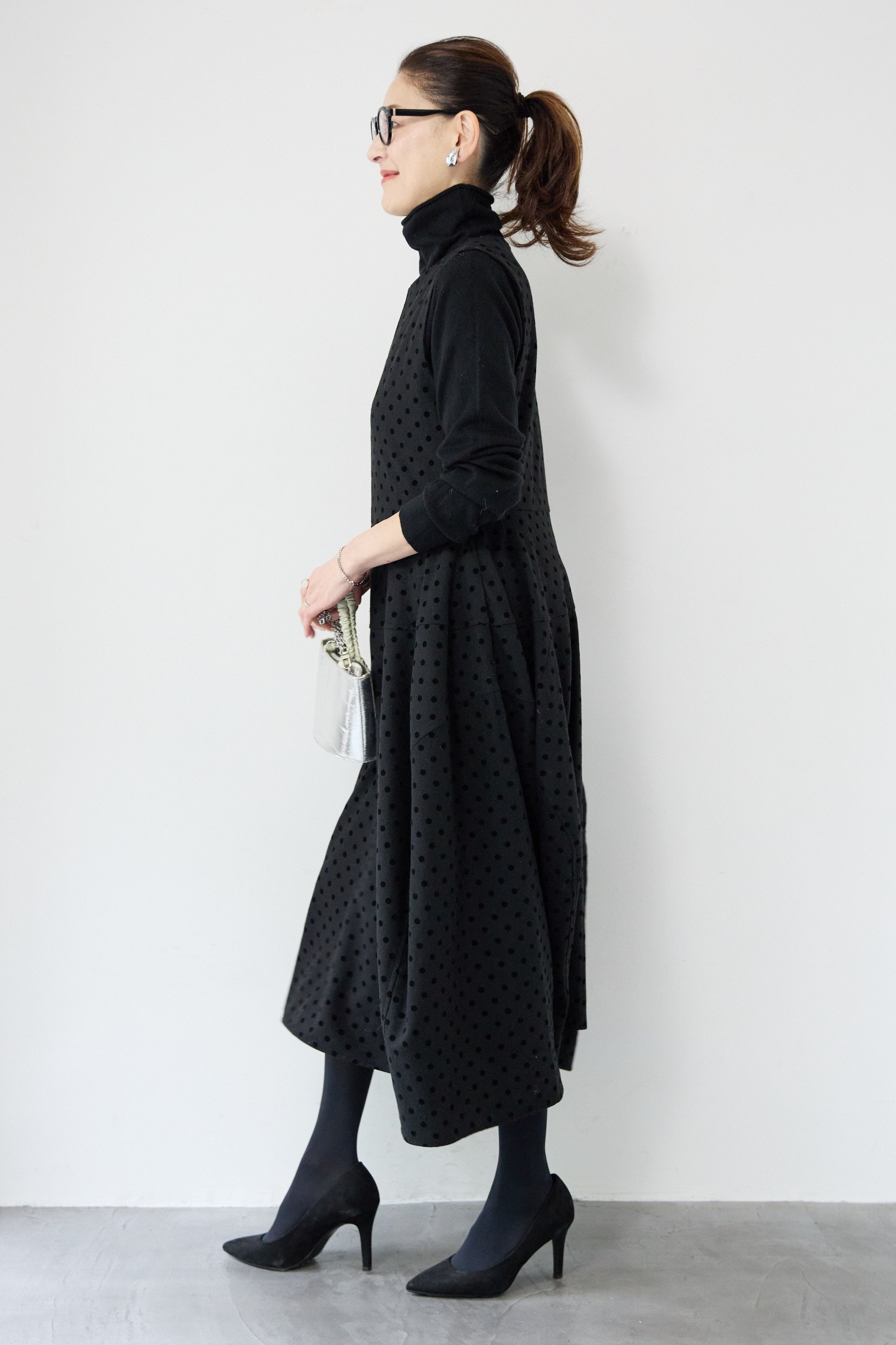 SET]カシミヤ混 ハイネックニット+フロッキードット フレアジャンパー