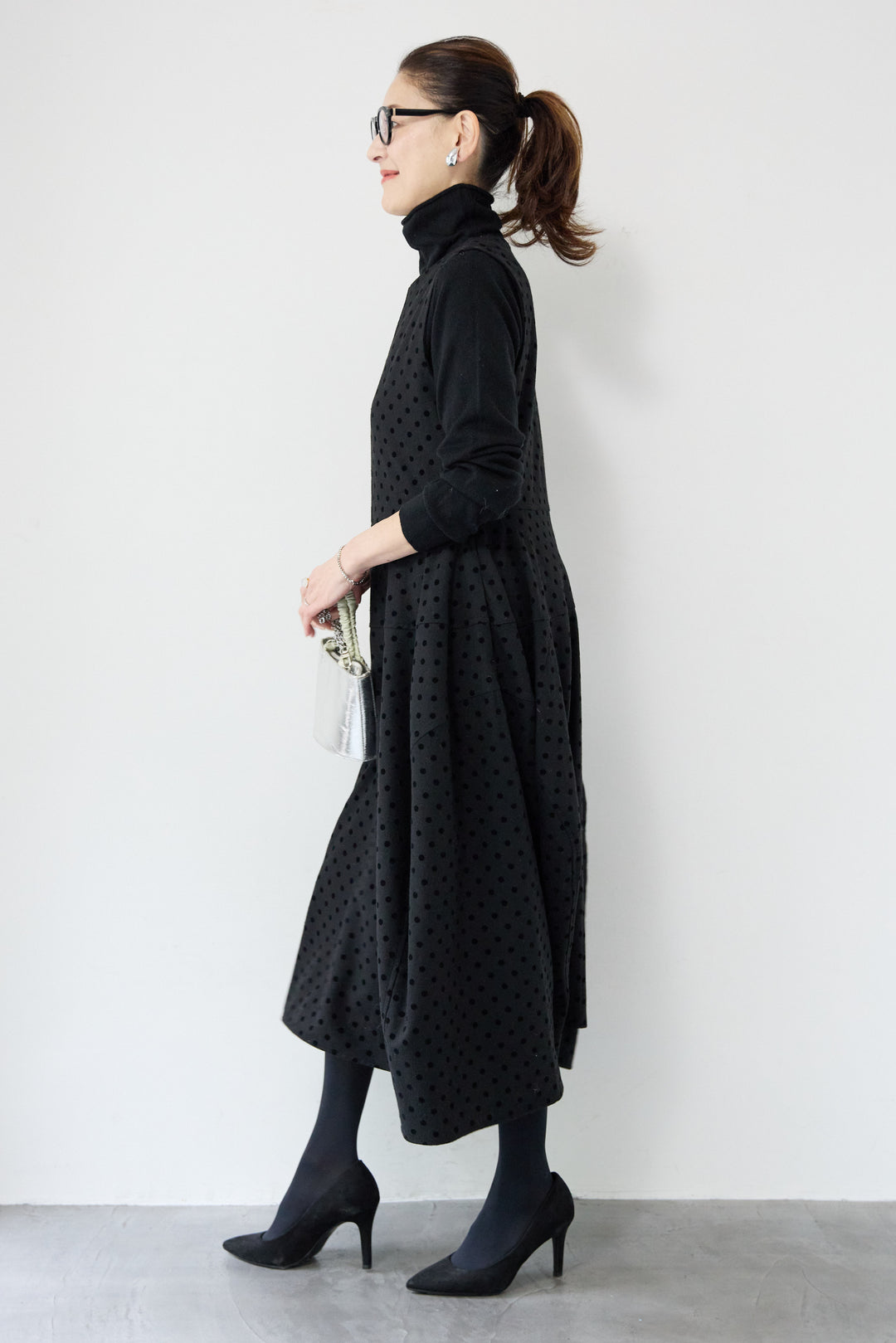 [SET]カシミヤ混 ハイネックニット+フロッキードット フレアジャンパースカート(2set)